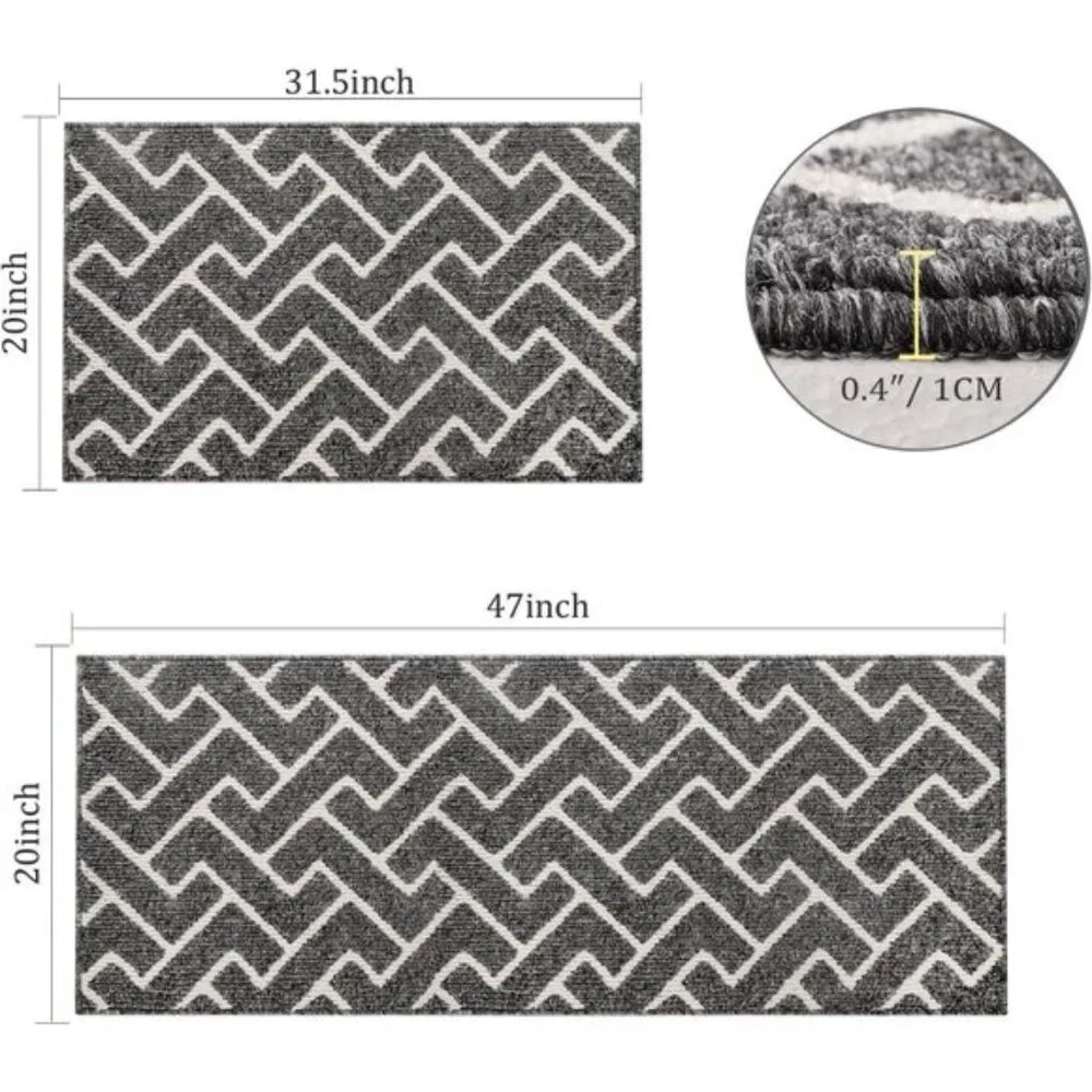 Non-Slip Kitchen Rug Set, 2-Piece Washable Absorbent Mats in Grey, Polypropylene